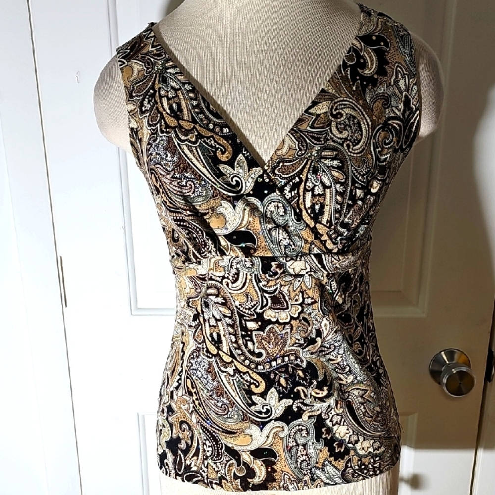 Inc Paisley V-Neck, Babydoll Empire Waist Sleeveless Top. Y2K
